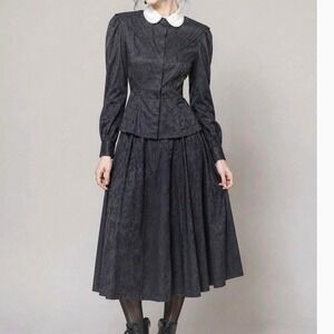 Richard Warren Skirt Set Women 10 Black Floral Jacquard Goth Poetcore 80s Vtg